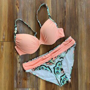 Sexy Push Up Bikini Top & Bottoms. Peach & Teal Green Paisley Size L